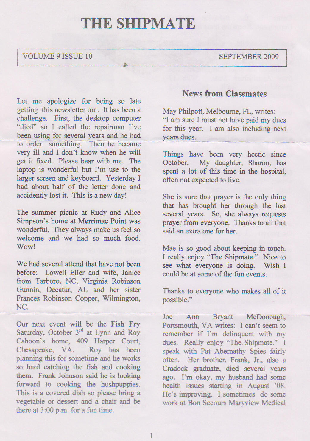 The Shipmate -Sept..2009 - pg. 1